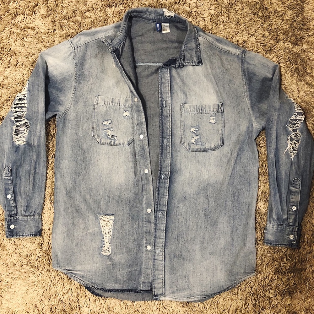Distressed Denim Button Down